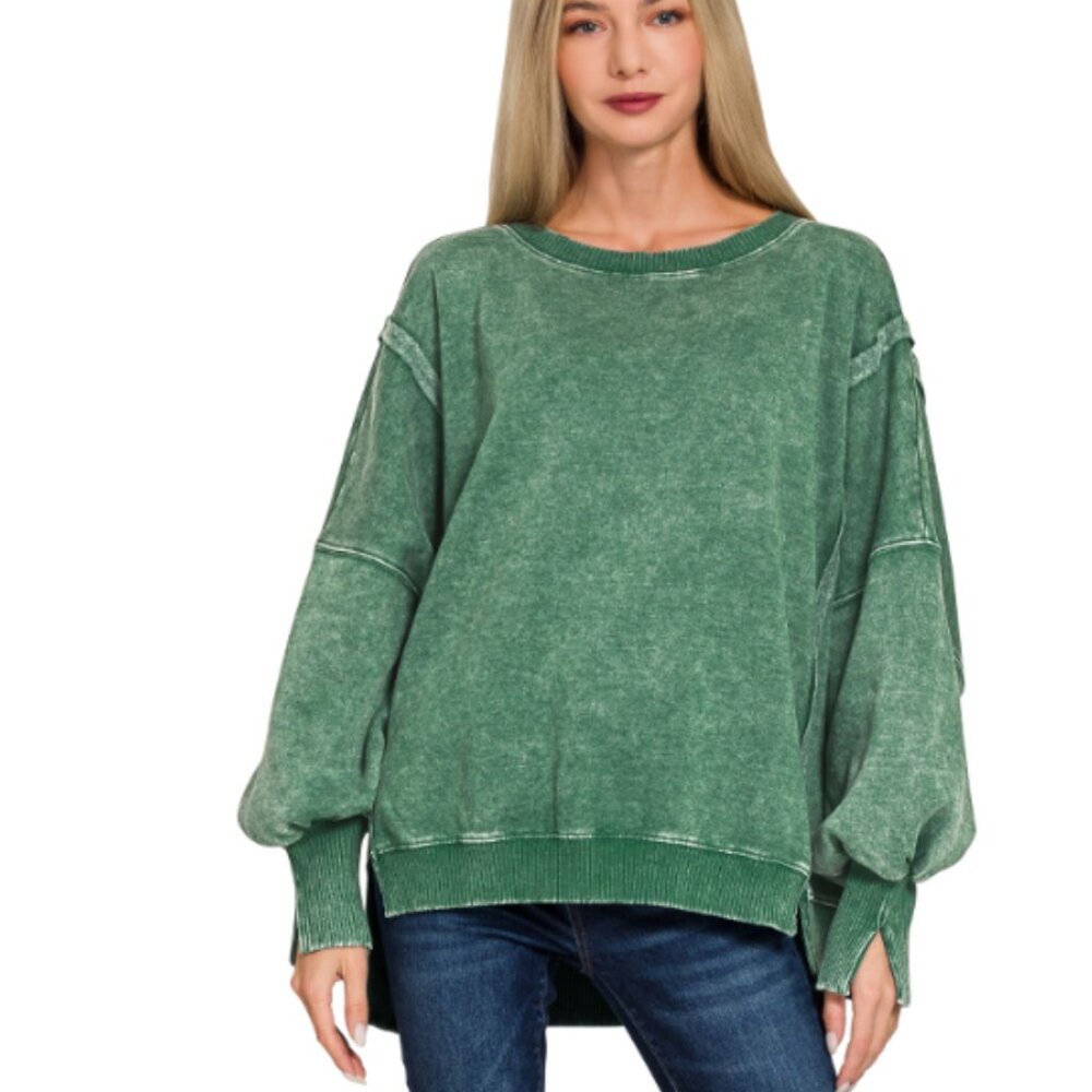 Dark Green Acid Washed Hi-Low Fleece Sweatshirt